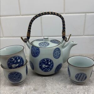 Vintage Japanese Blue and White Ceramic Teapot Set
